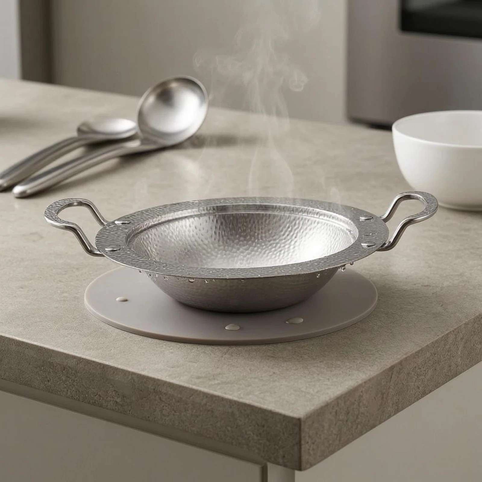 Round Stainless Steel Serving Pan Wide Rim Hammered Stainless Steel Frying Pan Cookware Silver Finish Easy Cleanup for Cooking - view 4
