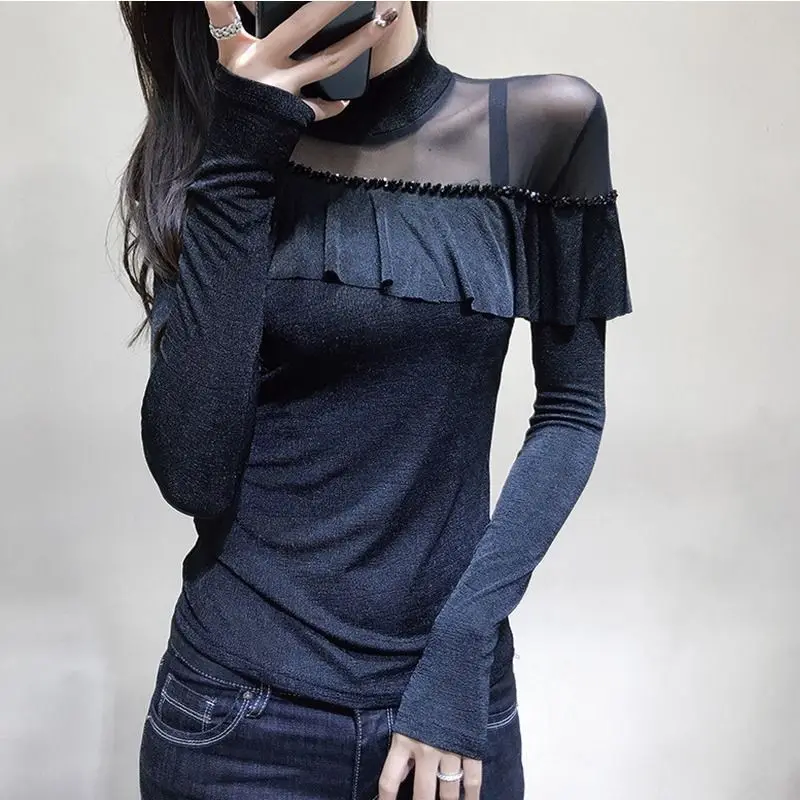 Spring 2024 New Korean Net Yarn Diamonds T-Shirts Women Clothes Fashion Bottoming Shirt Patchwork Long Sleeve Slim Ruffles Tops