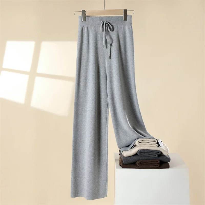 Autumn Winter 2025 New Fashion High Quality Wool Loose Knit Wide Leg Drop Straight Trousers Cashmere Woolen Elastic waist pants
