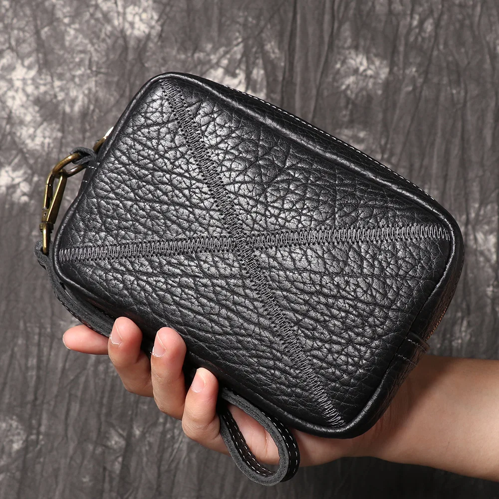 

Men's New Top Grain Leather Handheld Clutch | Vintage Small Square Phone Pouch | Fashion Versatile Purse with Bell Decoration