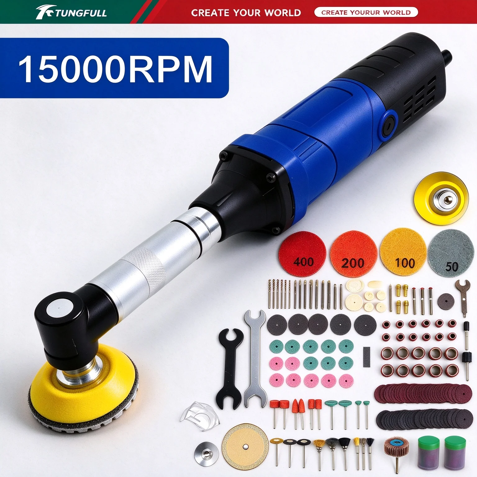 TUNGFULL 90° Elbow Electric Angle Grinder 15000RPM 6 Speed Tile Grout Cleaning Polishing Machine Sander Tool Kit