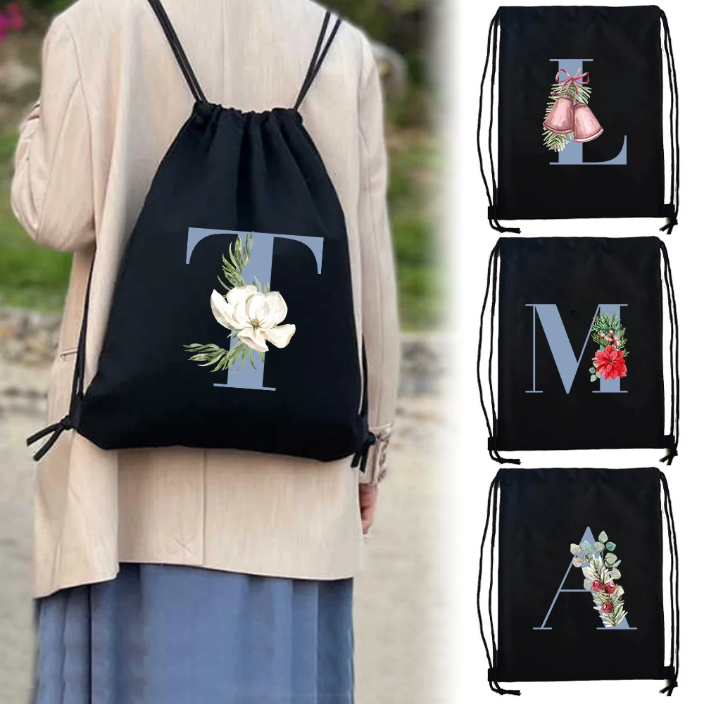 Versatile Canvas Travel Backpack Blue Letter Print Drawstring Sport Bag Gym Shopping Storage Light Sack