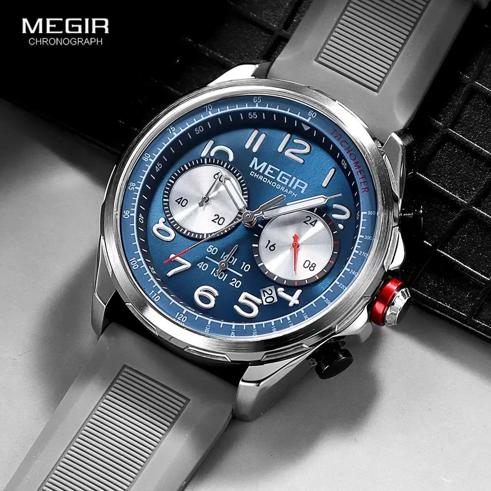 MEGIR Sport Quartz Watch for Men Gray Silicone Strap Waterproof Chronograph Wristwatch with Blue Dial Auto Date Luminous Hands