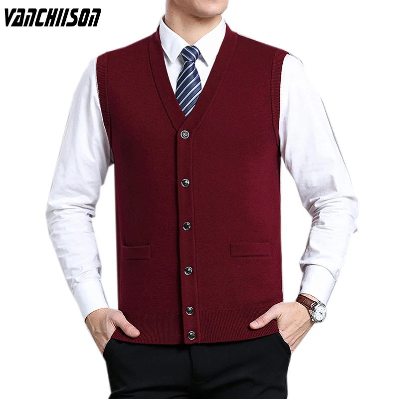 

Men Flat Knit Vest 6.5% Wool Sleeveless Sweater Jacket Buttons Down Pockets V Neck Solid Basic Cardigan Male Fashion 00020