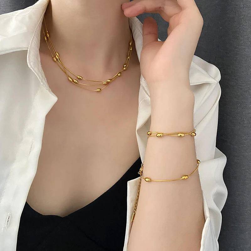 GANEMLY 316L Stainless Steel Multilayer Wearing Chain Necklace Bracelet Set For Women New Trendy Gold Color Waterproof  Jewelry
