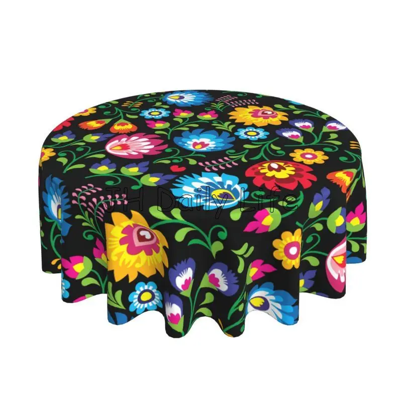 Poland Polish Floral Folk Art Print Round Tablecloth 60 Inch Table Cover Decor Table Clothes for Dining Table Party Decoration