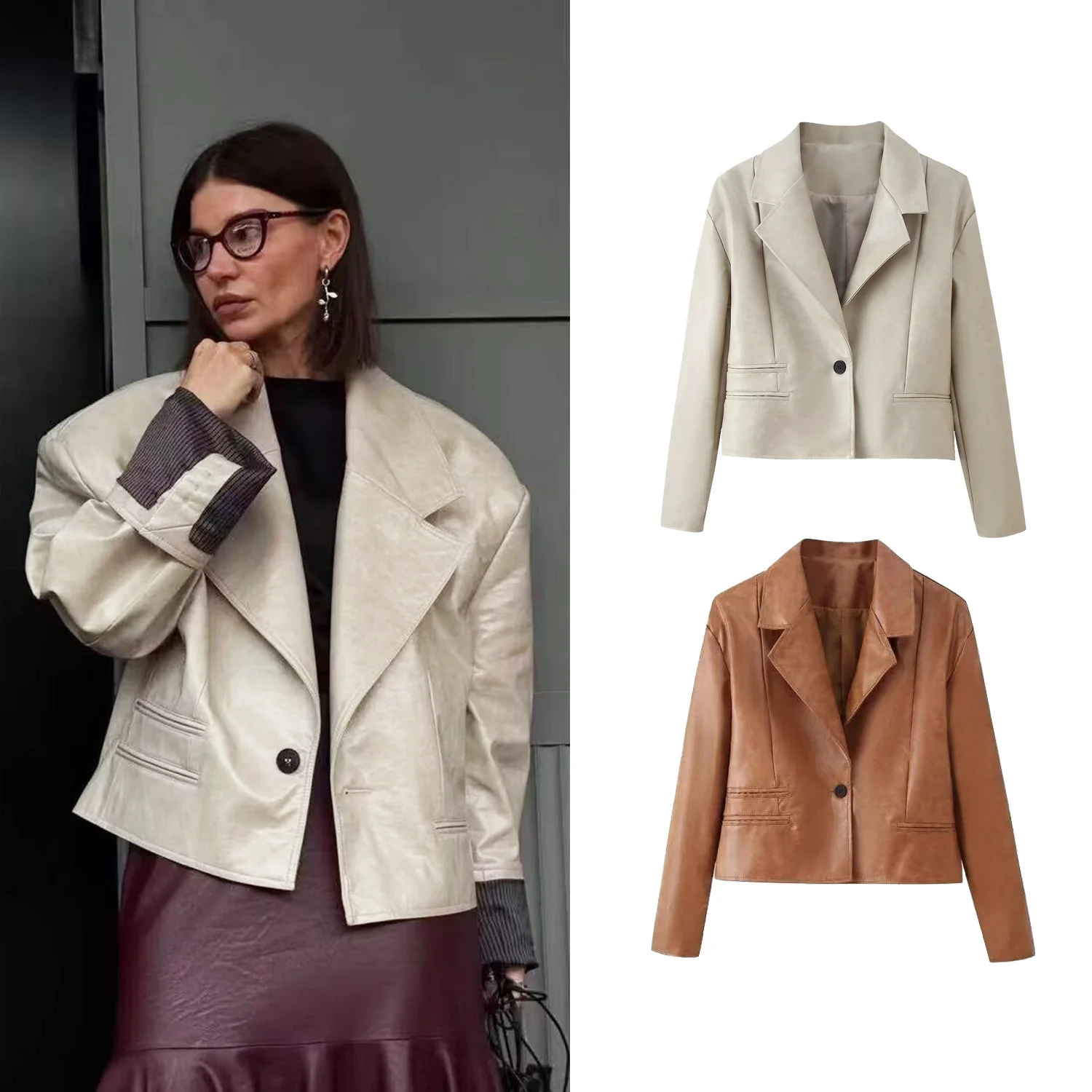 

Women's Short Jacket Vintage PU Leather Coat Female Loose Laple Oversized Jackets Lady Spring Autumn Fashion Jacket Clothing