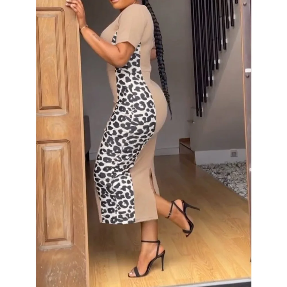 Plus size Women Party Dress 2024  Spring and Summer Short Sleeves Slim Leopard Print Patchwork Casual Pencil Dresses OL