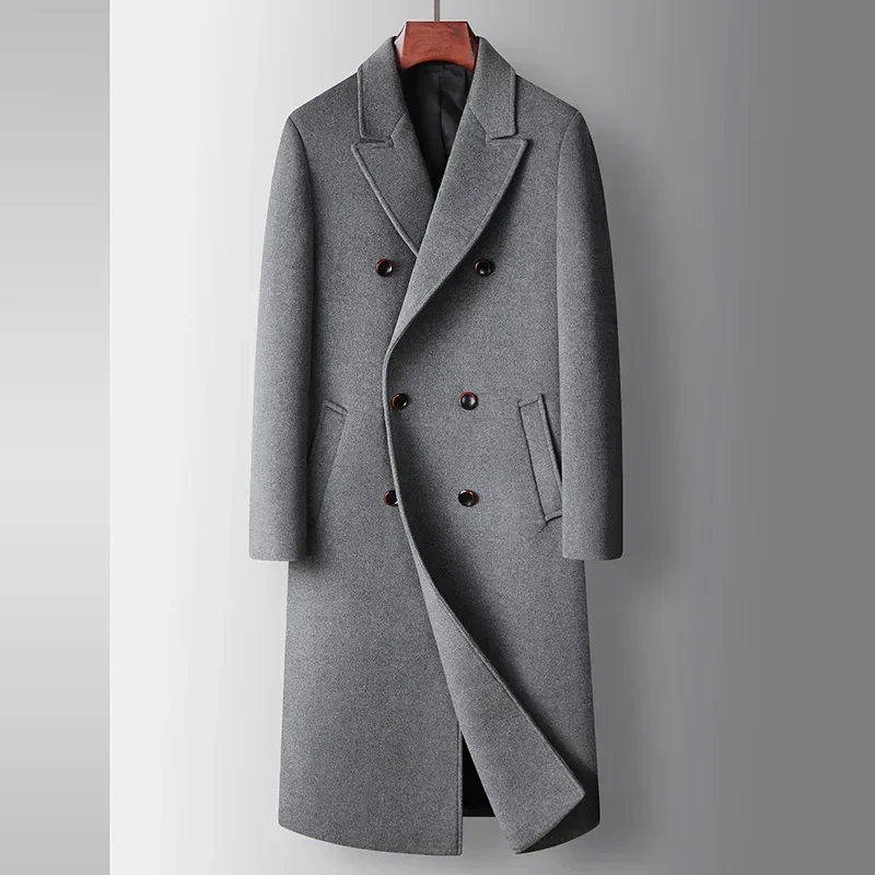 

Men Winter Long Woolen Coat Brown Black Casual Business Wool Blend Coat Double Breasted Warm Thick Double Breasted Overcoat 4XL