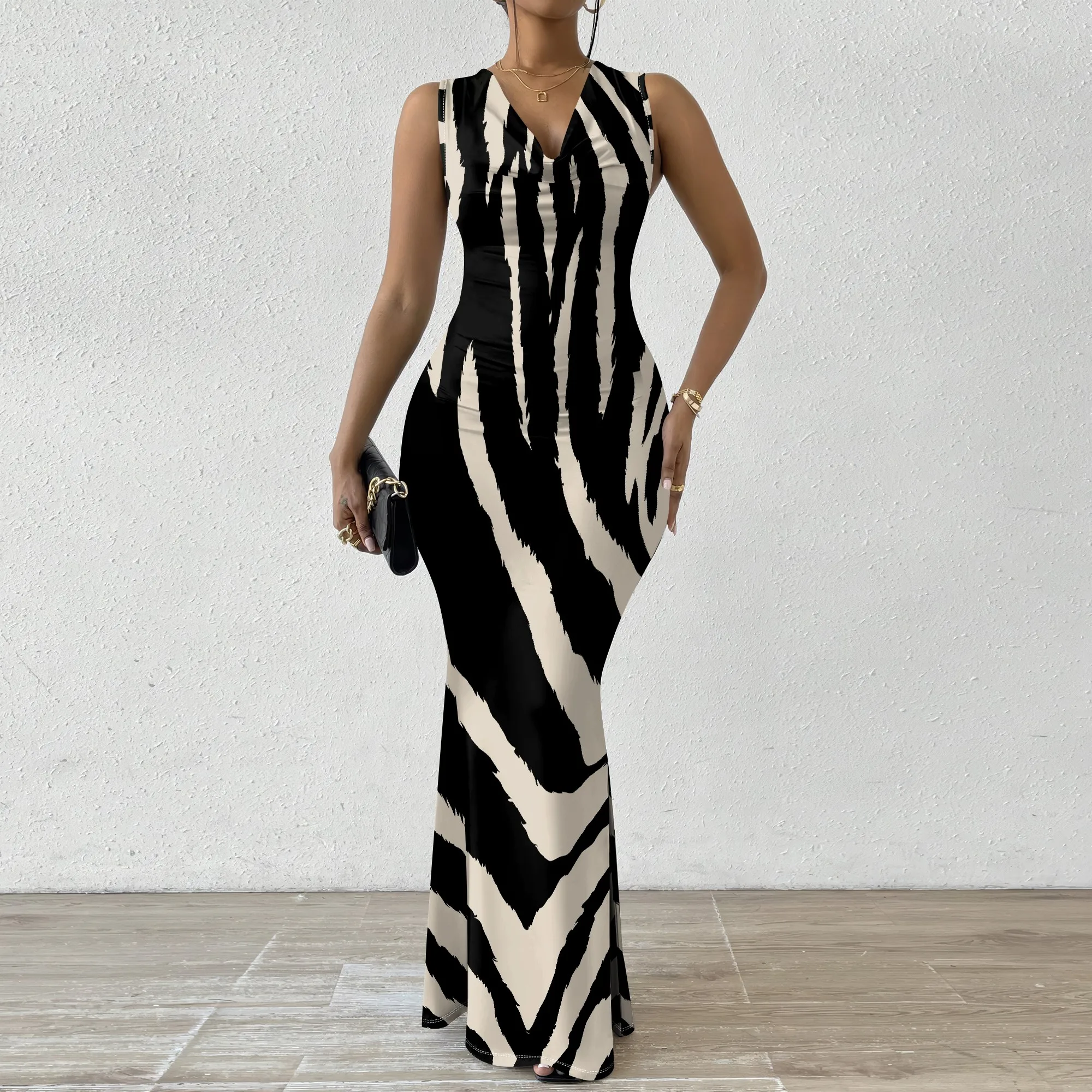 

Zebra Print Women's Maxi Dress 2025 New Arrival V-Neck Sleeveless Animal Print Dress XS-2XL