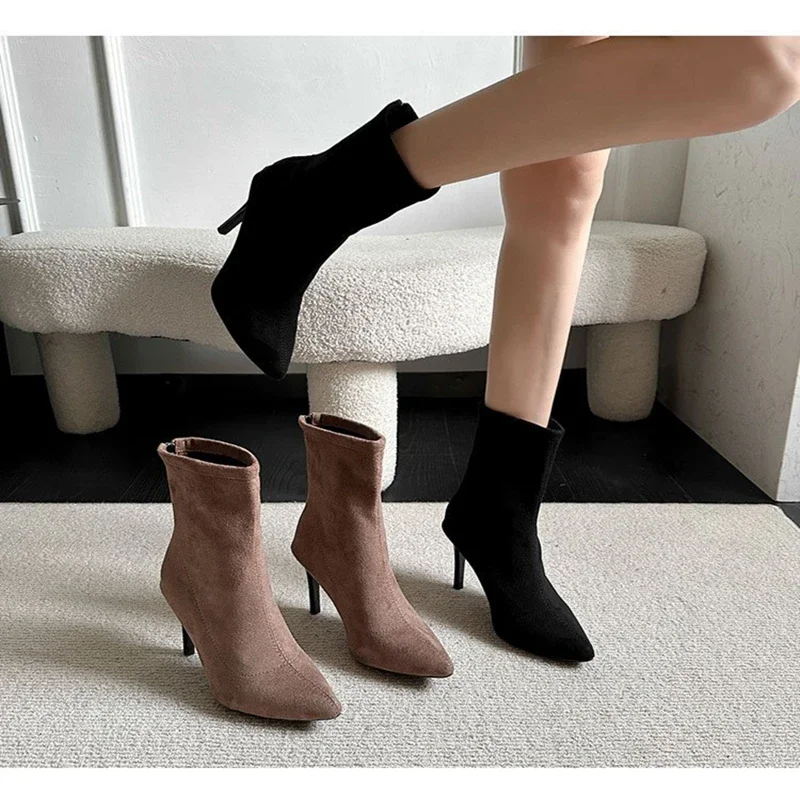 HOT Mid-barrel Boots Elastic Boots Pointed Toe Thin Heels For Women Mujer Black Ankle Stretch Fabric Winter High Heel Boots Rome