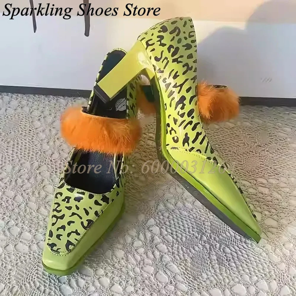 

Vintage Green Leopard Spots Pumps Orange Furry Small Square Toe High Heels Women Slip On Pull On Shoes 2026 New Spring Summer