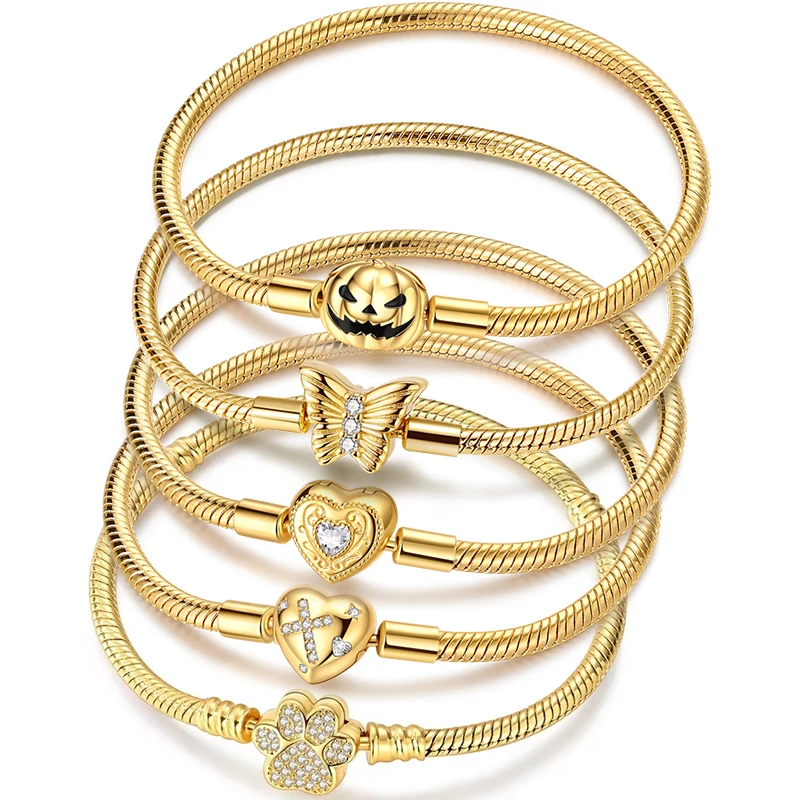 New 925 Sterling Silver Golden Halloween Pumpkin Bracelet Heart-Shaped Butterfly Snake Bone Bracelets Fit DIY Charms Jewelry