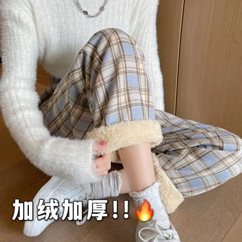 LF Fashion Warm Plush Pants Cashmere Thick Plaid Ladies Winter Casual Loose Wide-legged Pants Korean Streetwear Students Women's