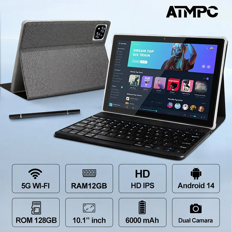 ATMPC 10.1 Inch Android 14, 12GB RAM, 128GB ROM, Octa-Core, BT 5.4, WIFI 6, With Keyboard, Mouse, Case, Stylus 2 In 1 Tablet PC