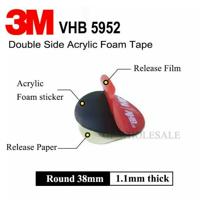 Cinta adhesiva redonda de doble cara para coche/hogar, 5 piezas, 38mm, 3M, VHB 5952, autoadhesivo de alta resistencia