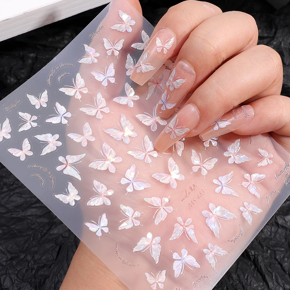 Aurora Shell Borboleta Nail Art Sticker, DIY Manicure Acessório, Luz Rosa, 3D Decoração Design, 1/3 pcs