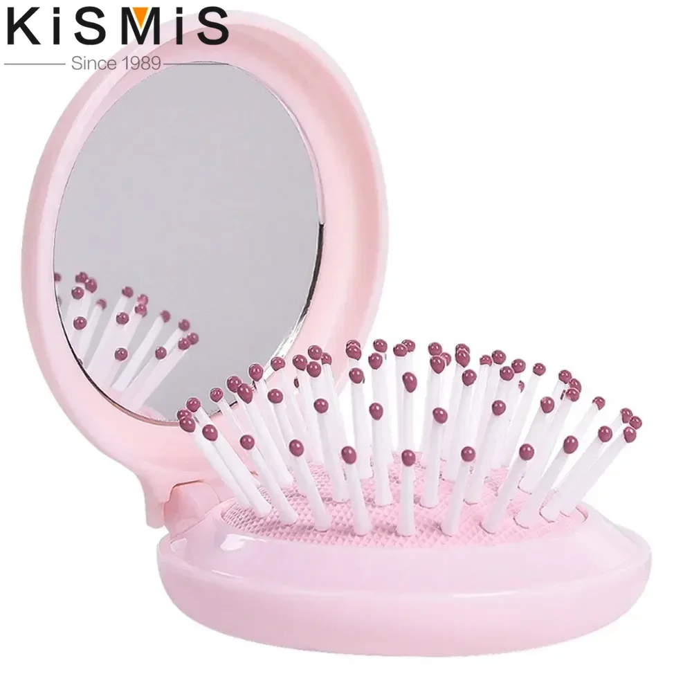 

Portable Folding Mirror Comb Travel Pink Compact Mirror Hair Styling On-the-Go Beauty Tool