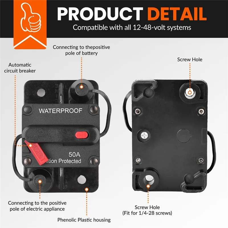 -ESTR 50 أمبير قاطع دائرة السيارات مع إعادة الضبط اليدوي، حامل فيوز مقاوم للماء لمحركات التصيد والقوارب والسيارات