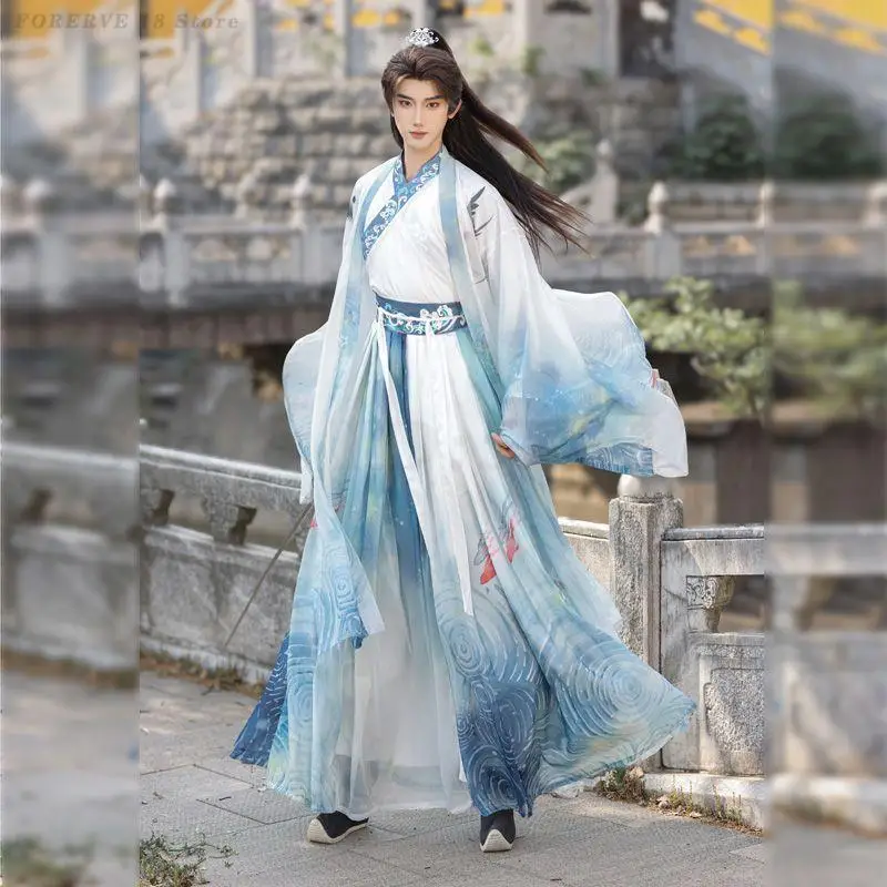 Ancient Hanfu Sets Men Chinese Traditional Cosplay Costume Male Stage Performance Wuxia Clothing Blue White Plus Size 3XL Dress view 3
