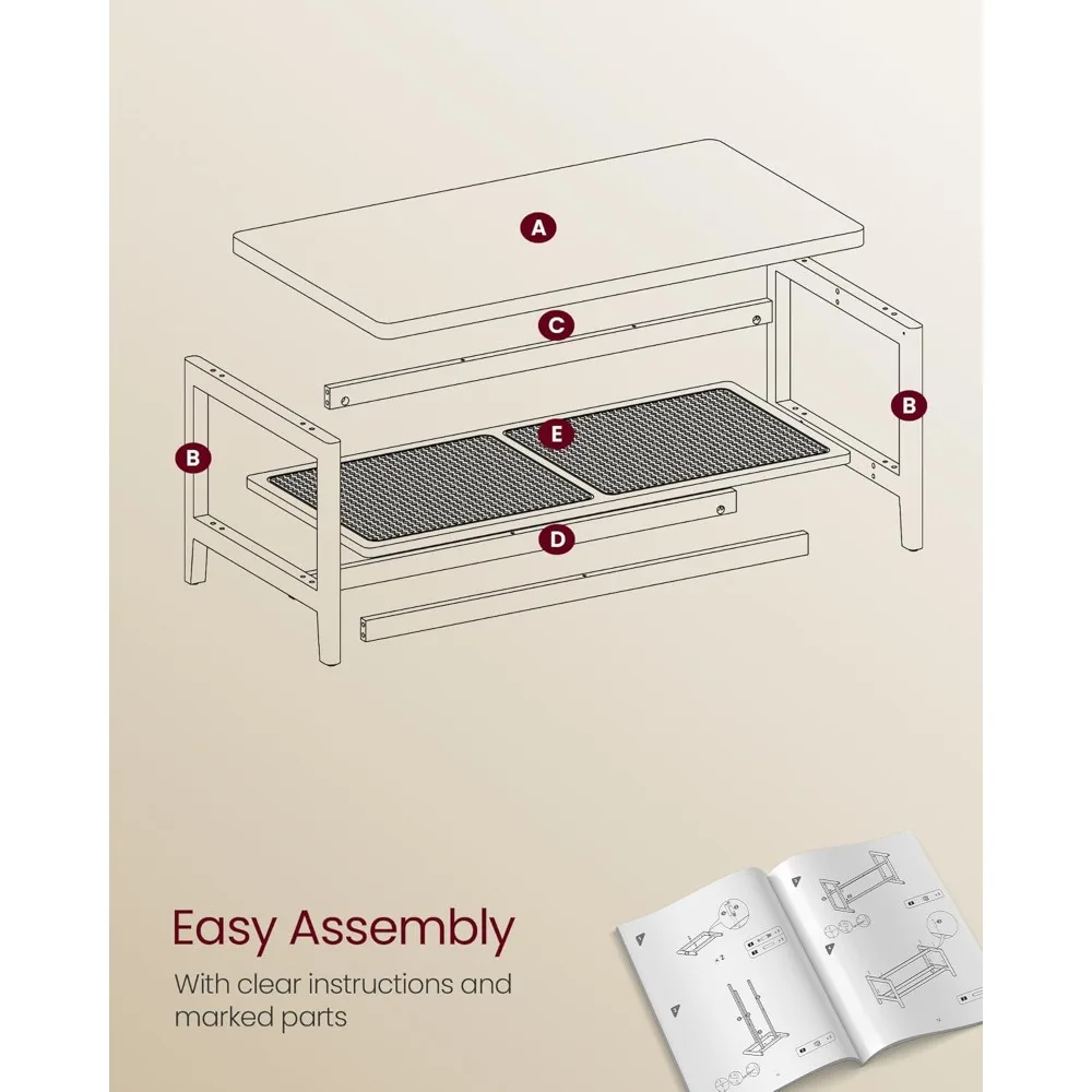 Mesa de centro para sala de estar de 2o andar, mesa de centro retangular com rack de armazenamento de vime em PVC para fácil montagem