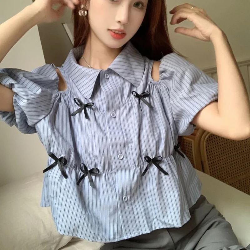 Sweet Striped Shirt Women Blue Lapel Button Bow Puff Sleeves Pretty Style Strapless Blouse Fashion Elegant Korean Female Tops