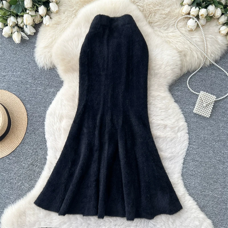 Damen Kunstnerz Gestrickter Meerjungfrauenrock Hohe Taille Weicher Flauschiger Warmer Pulloverrock Herbst Winter Eleganter Figurbetonter Langer Midirock 636 – Detail 11