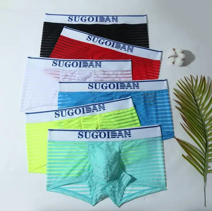 Fashion men\'s underwear boxer shorts Stripe transparent sexy  lingerie Personality coquettish youth four corner breathable pants