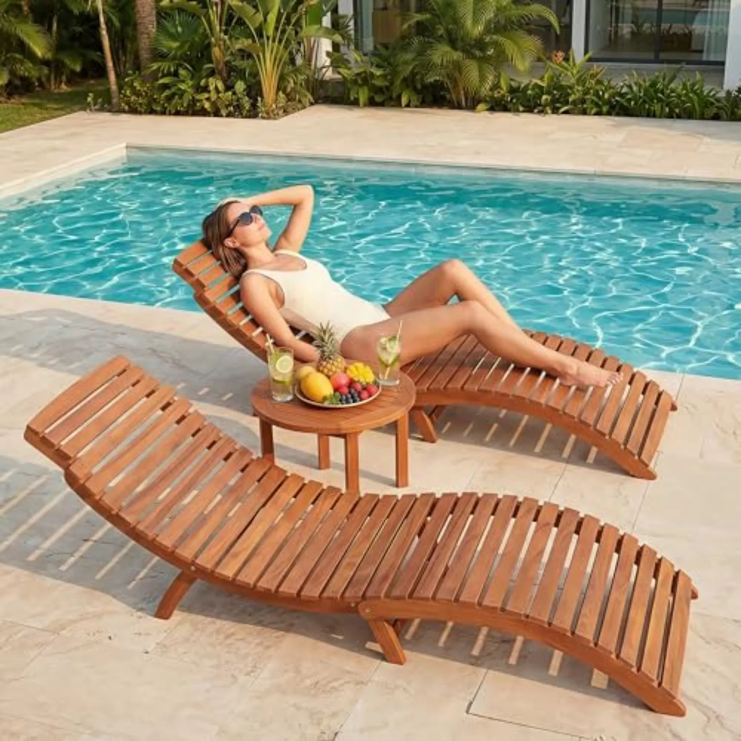Lounge Chair Outdoor Acacia Wood with Side Handle (2 Pieces) | Foldable Pool Lounge Chairs, Outdoor Lounge Chairs for