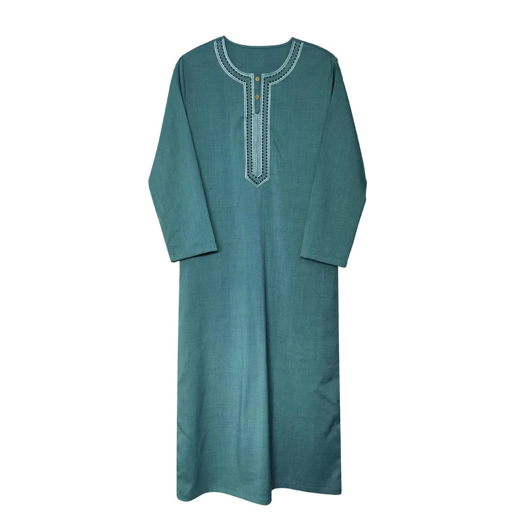 Middle East Muslim Men Embroidered Moroccan Robe Mid Sleeve Thobe With Pockets