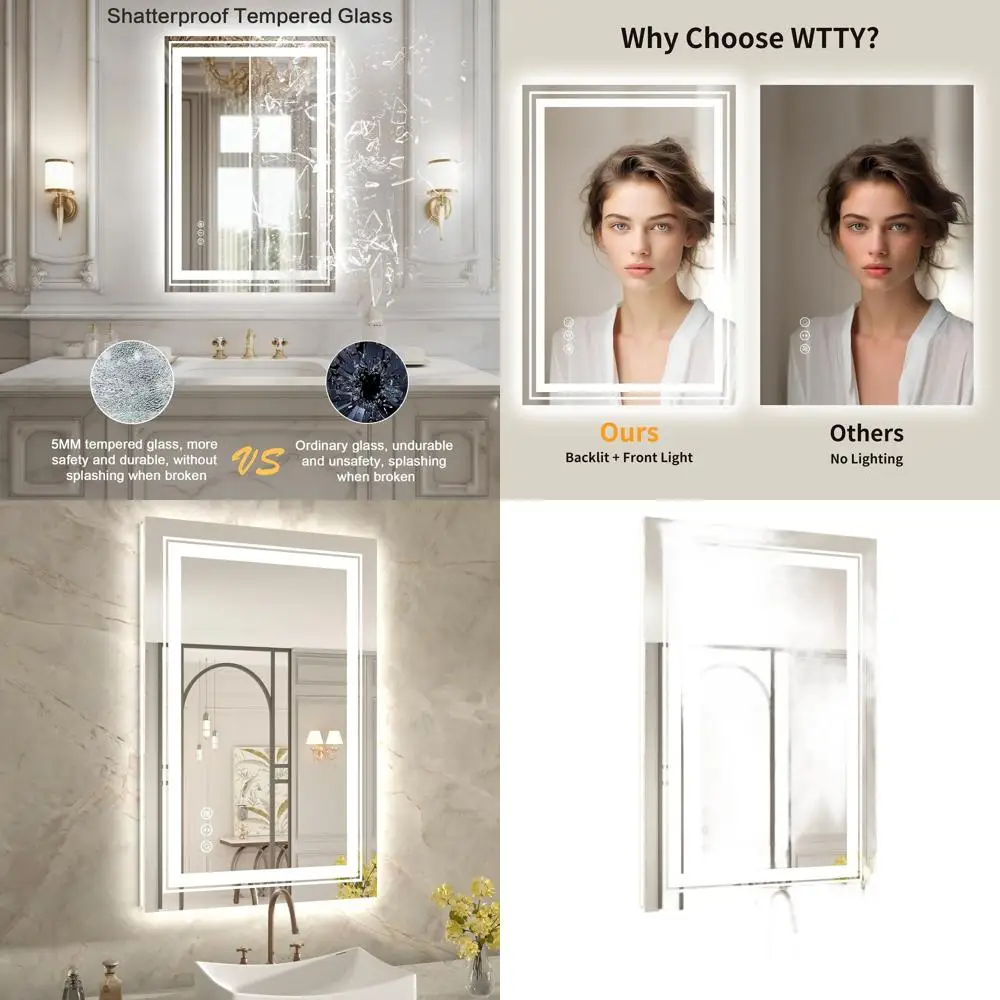 

Светодиодное зеркало для ванной комнаты с регулируемой яркостью 24x36, противотуманное, с подсветкой и передним освещением, современное косметическое зеркало с функцией памяти и разрушением