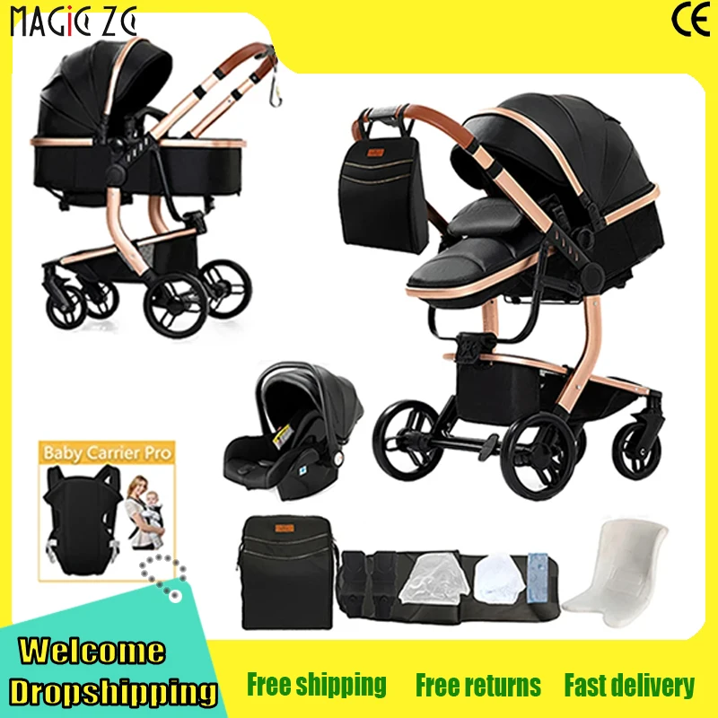 Poussette de luxe 3-en-1 en cuir PU imperméable pour nouveau-né avec siège auto, poussette portable, landau de voyage pliable
