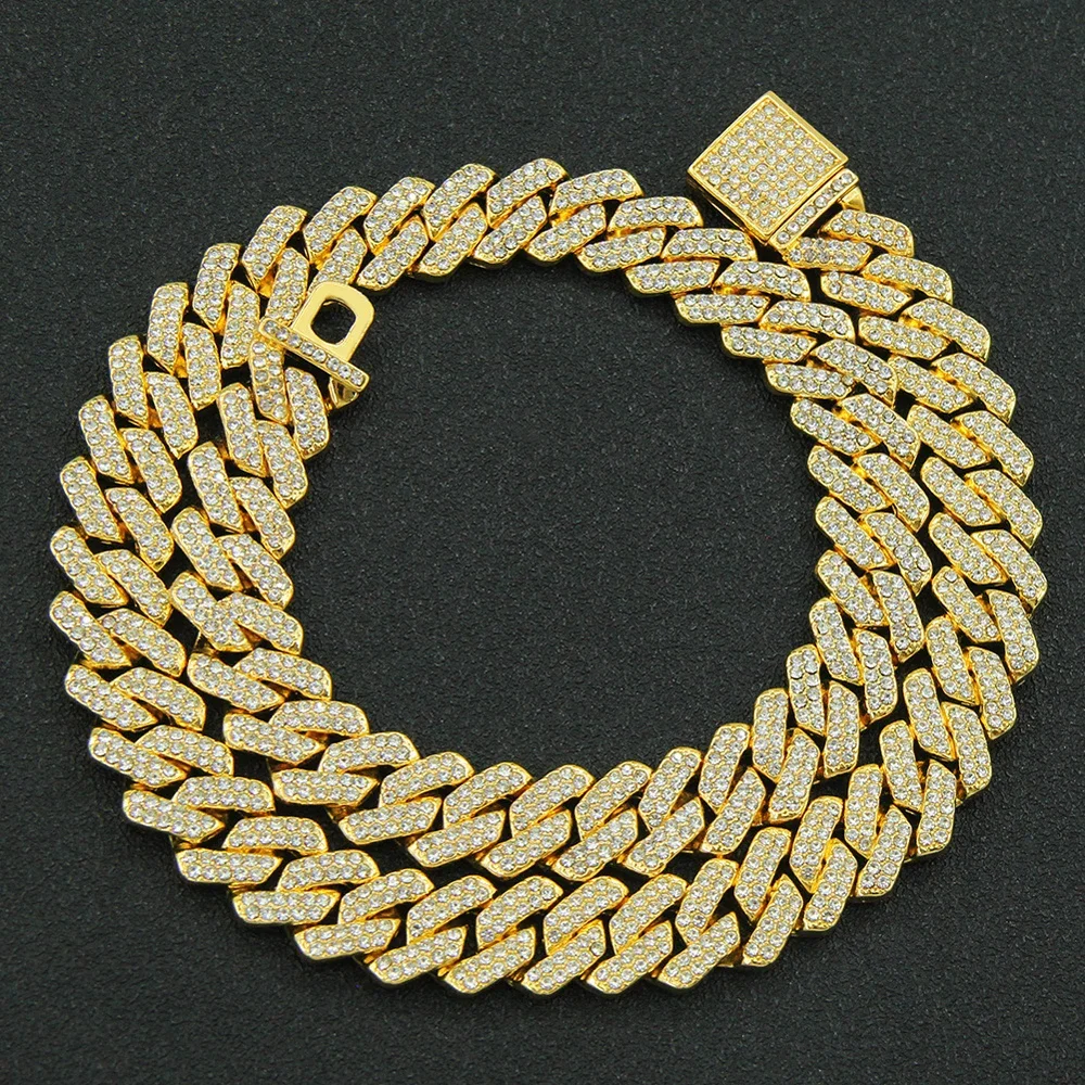 Fashion Hip Hop 14MM Cuban Link Necklace Men Gold Color Women Rhinestone Iced Out Cuban Chain Punk Jewelry Necklaces Gift