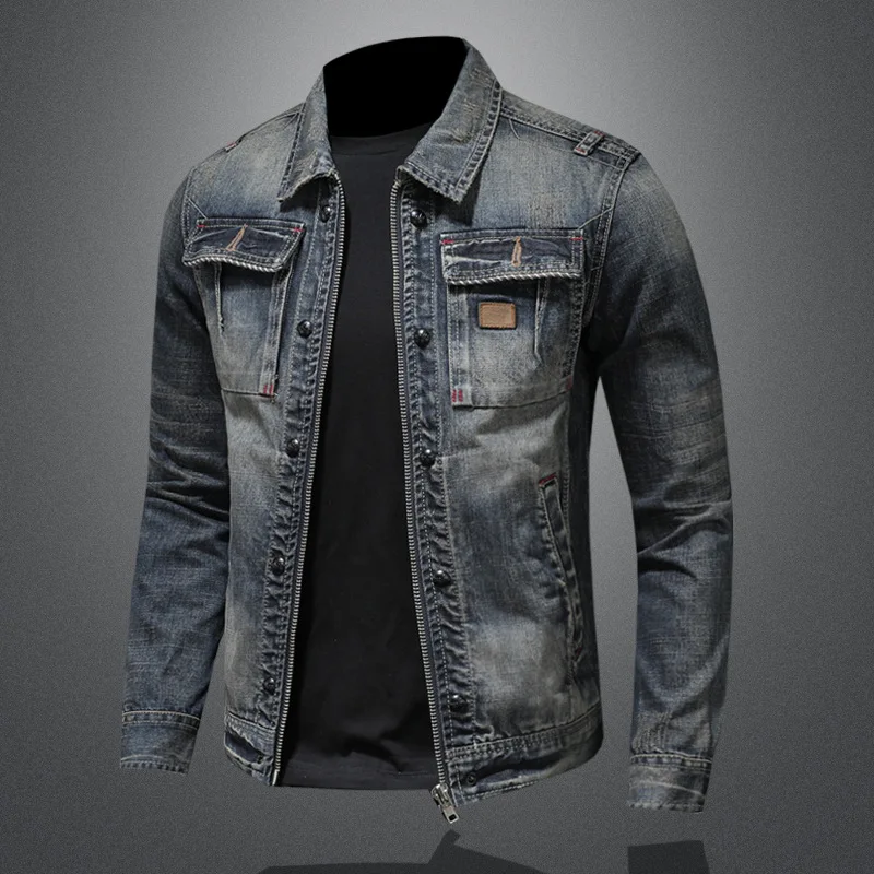 2023Fashion everything trend handsome personality zipper motorcycle denim jacket coat men's lapel denim clothing trend retro