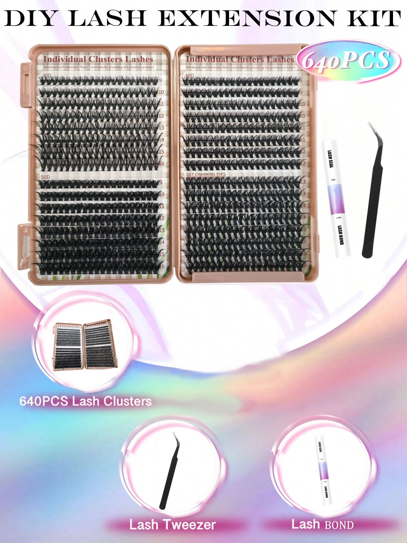 640pcs Individual Cluster Eyelashes Extensions kit 30D 50D Bond and Seal DIY false eyelash natural 9-16mm Volume Lashes supplies