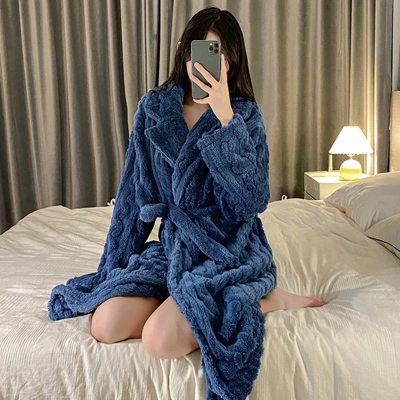 Women's Flannel Bathrobe with Sashes Solid Long Sleeve Ladies Dressing Gown Fleece Winter Warm Homewear Bath Robe for Female