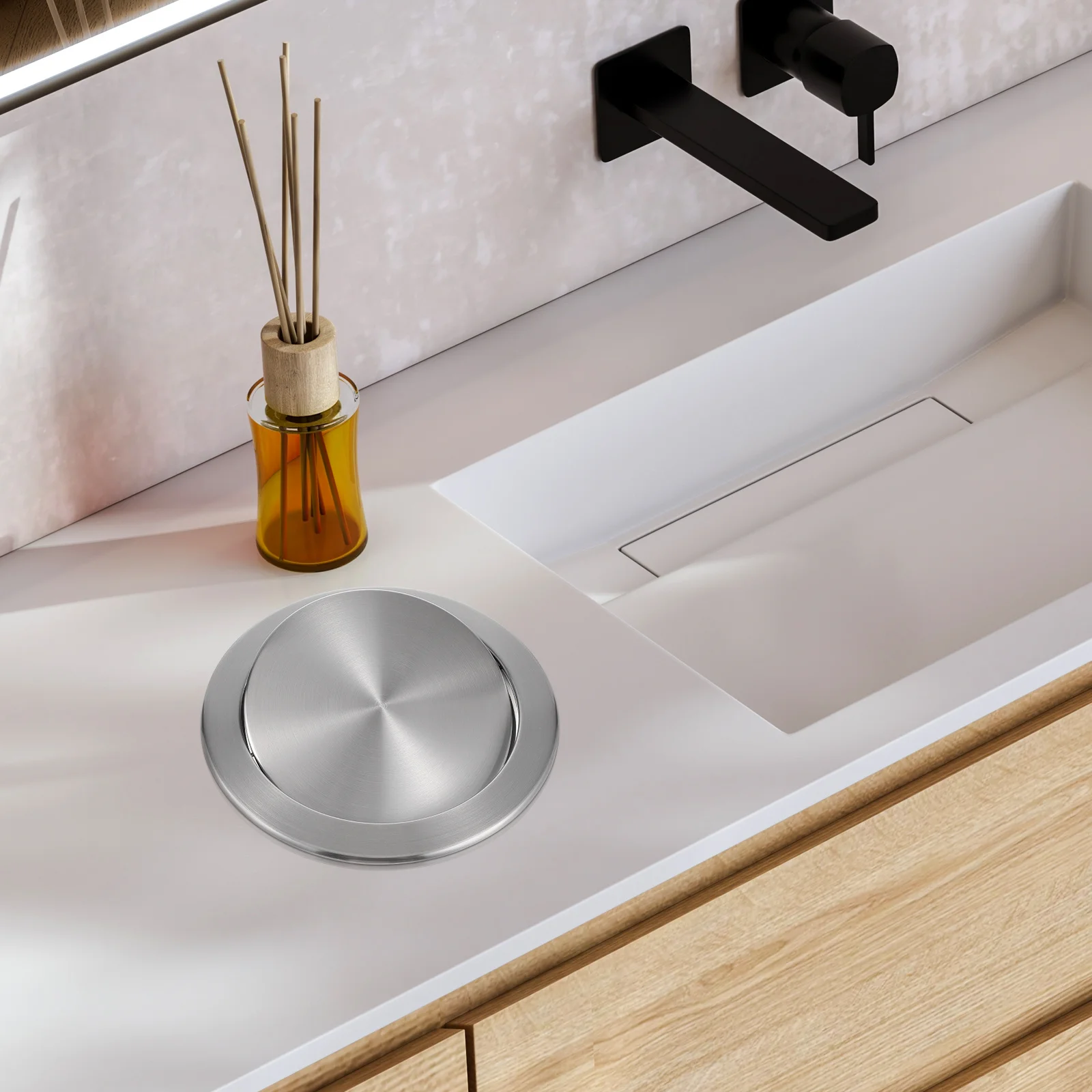 

1pc Stainless Steel Recessed Trash Can Lid Countertop Swing Flap Cover For Bathroom Kitchen Built-In Garbage Bin Round