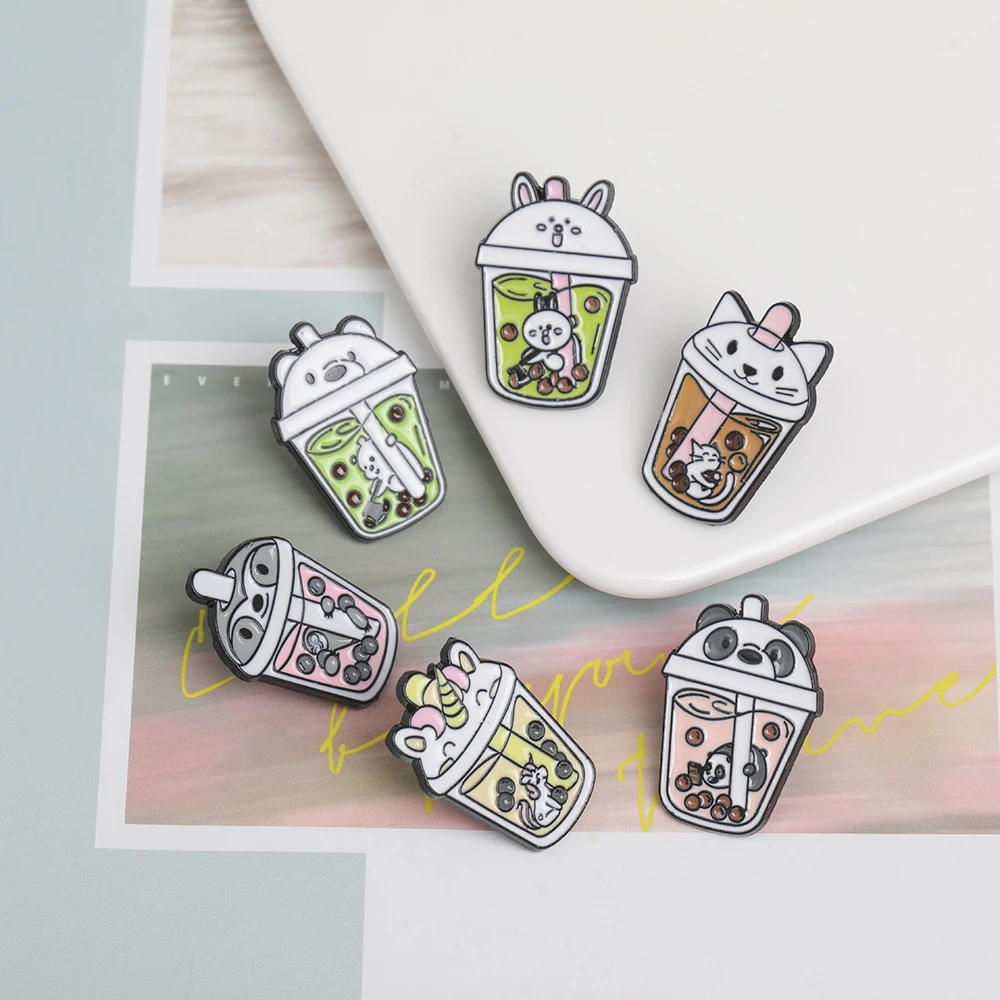 6Pcs/Set Cartoon Cute Juice Animal Collection Pins Sloth Unicorn Panda Bear Cat Rabbit Pattern Drink Enamel Brooches