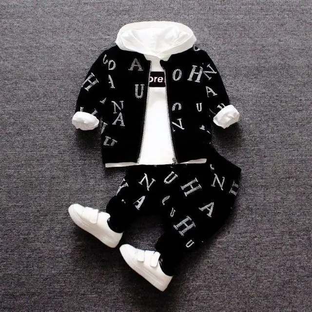 2023Spring autumn new boys zipper shirt three piece set children baby full printed letters hooded long-sleeved hoodie set 1 3 4Y