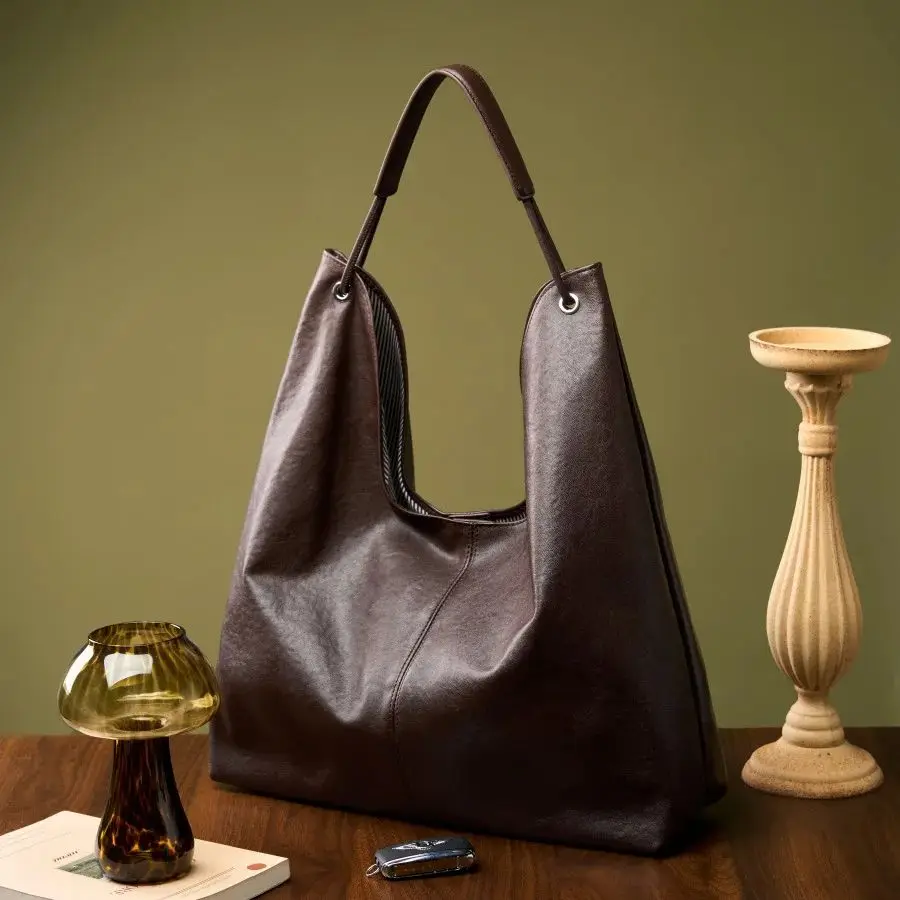 Large-Capacity Textured Underarm Tote Bag Vegetable-Tanned Cowhide Shoulder Bag Soft Commuter Handbag Women