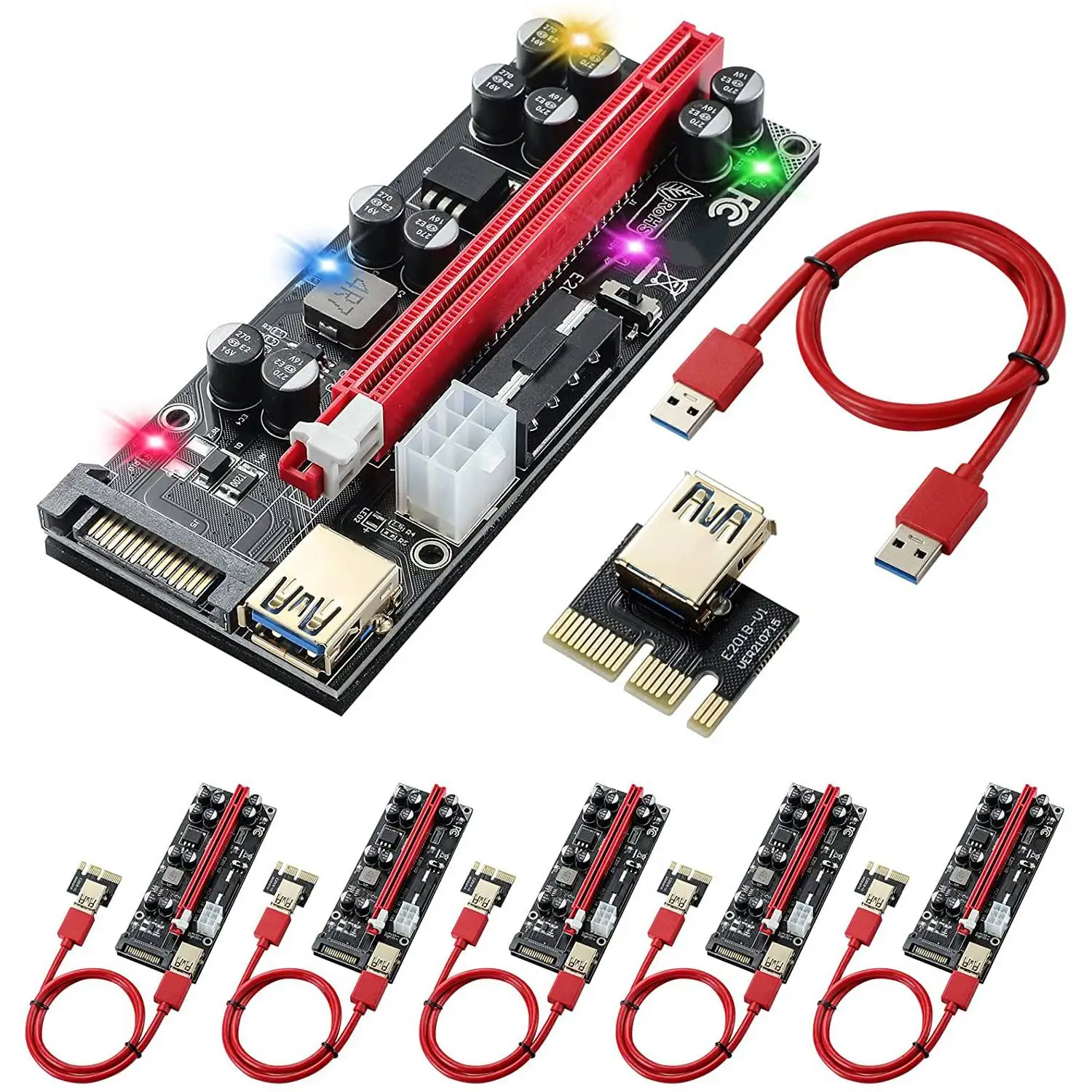 6 Pack PCI-E Riser GPU Risers Card 10 Capacitors,16X to 1X Pcie Express Powered Adapter Card for Bitcoin ETH Mining