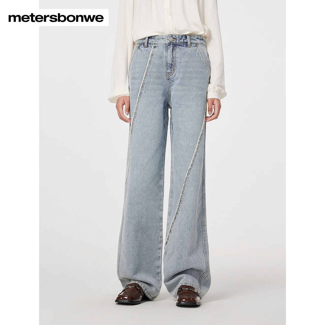 

Metersbonwe-Women's 100%Cotton Sweet Cool Frilly Leg-Spangled Jeans Loose Straight Pant Version Comfortable to Wear Spring