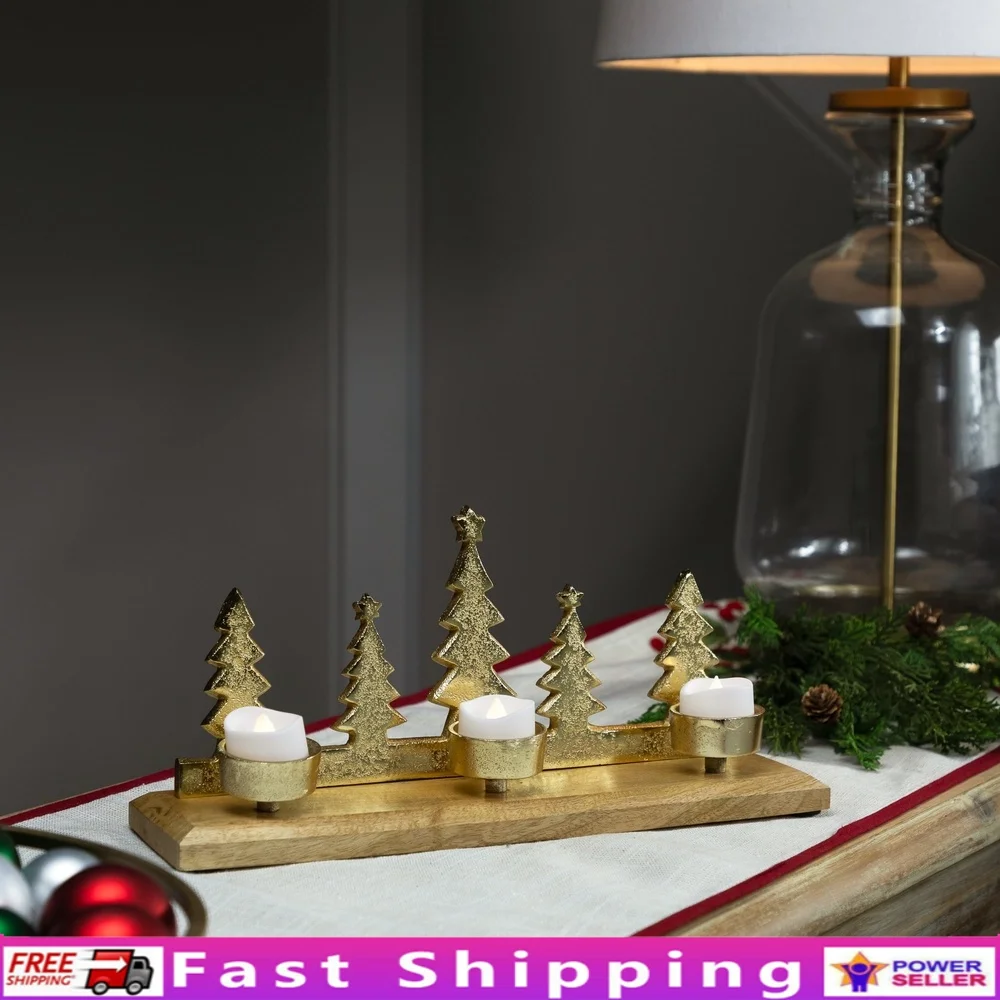 

Metal Pine Tree Quintet Christmas Tealight Candle Holder with Star Toppers Rustic Wooden Base Indoor Decor 3 Candle Dishes