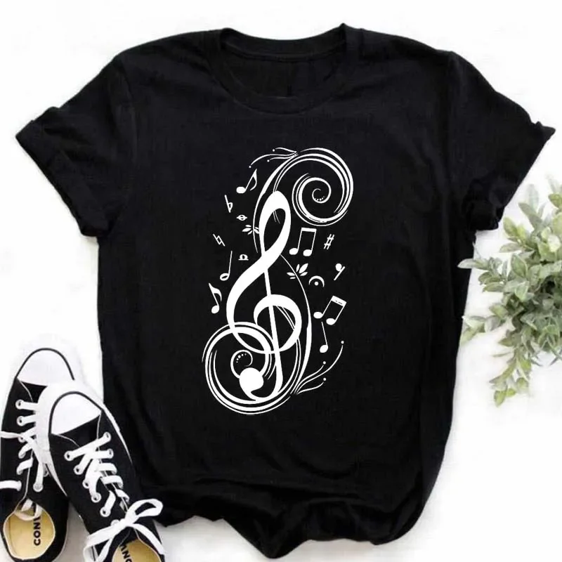 Women New Black T-shirt Ladies Fashion Graphic Tees Female Tops T-shirts Harajuku Women T Shirt Music Note Printed Tops