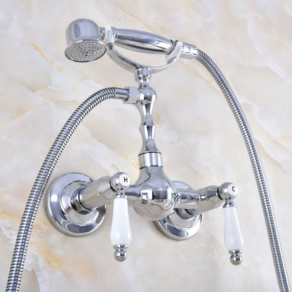 

Modern Silver Chrome Brass Two Lever/Hole Wall Mount Bathtub Faucet with Handheld Shower Set +1500MM Hose Mixer Tap 2tf839