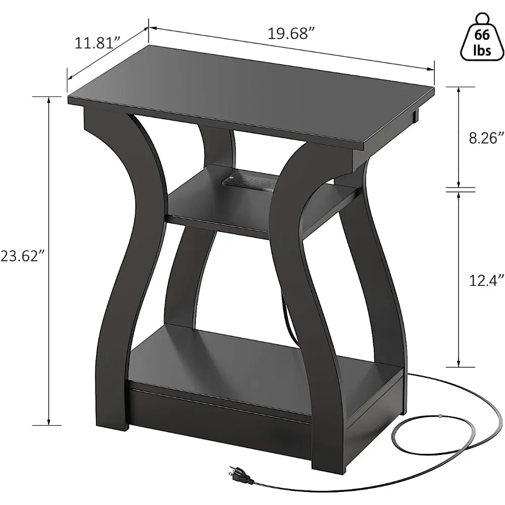 Table d'appoint de chargement à 3 niveaux avec ports et prises USB, table de chevet pour salon et chambre en noir