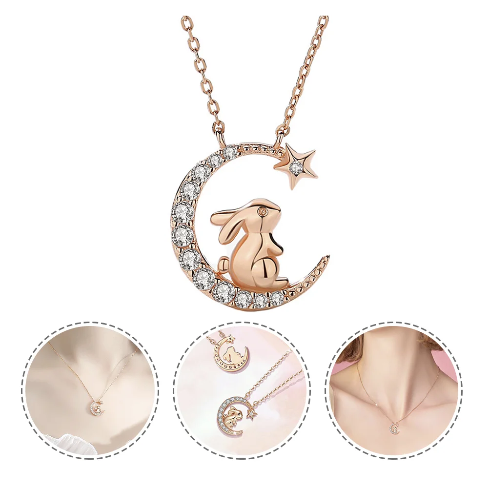 

Sterling Silver Rabbit Necklace Lightweight Moon Chain Decorative Sister Rhinestone S925 Girl Women