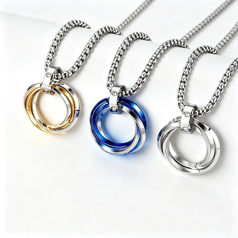 60CM Necklace For Men Hip-hop Three-ring Titanium Steel Colorfast Simple Refined Minor Personality Brand Pendant