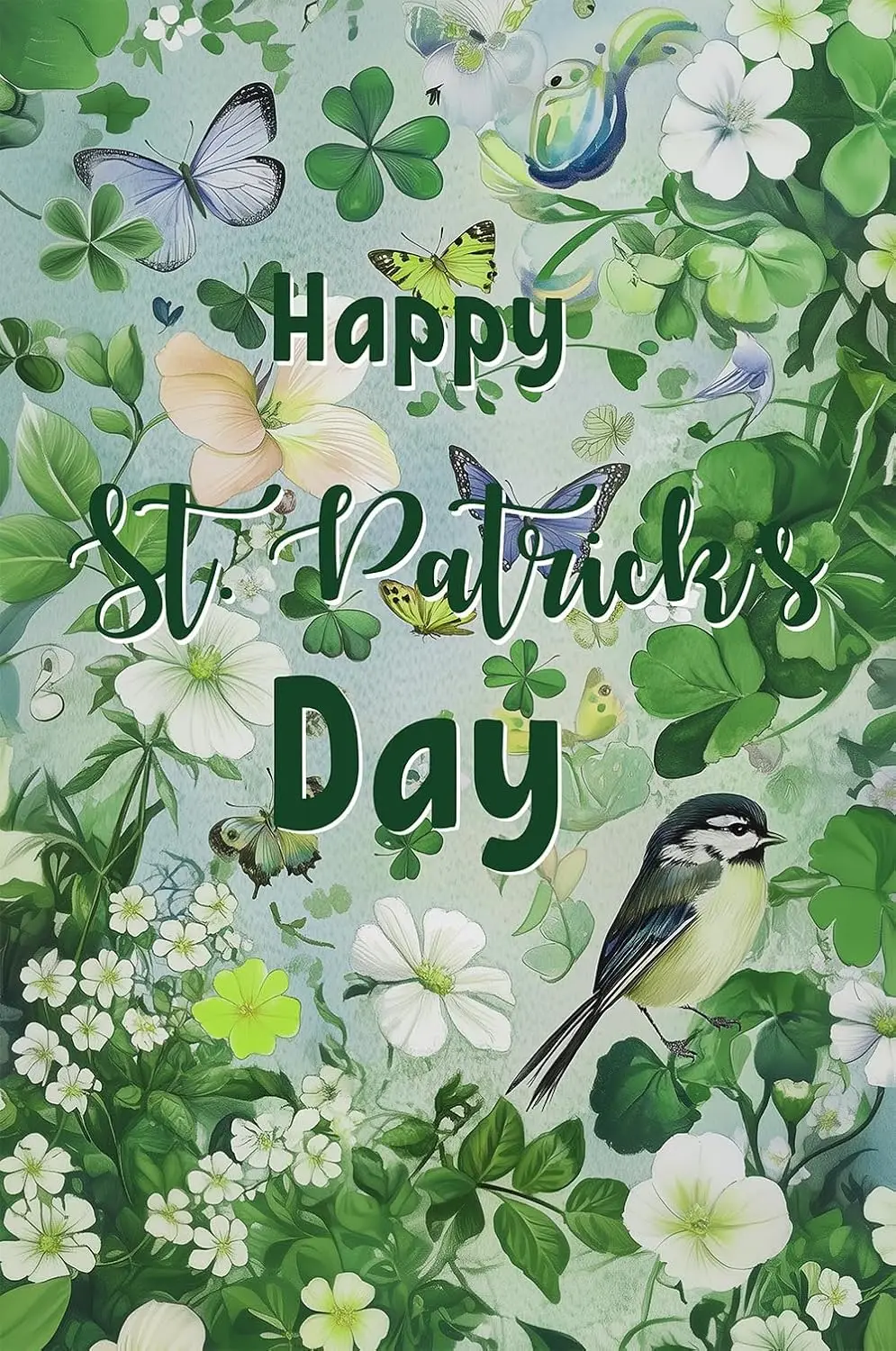 Texupday Happy St. Patrick's Day Shamrock Clover Floral Bird Butterfly Decoration Spring Vertical Garden Flag Rustic Hol YYD EEZ