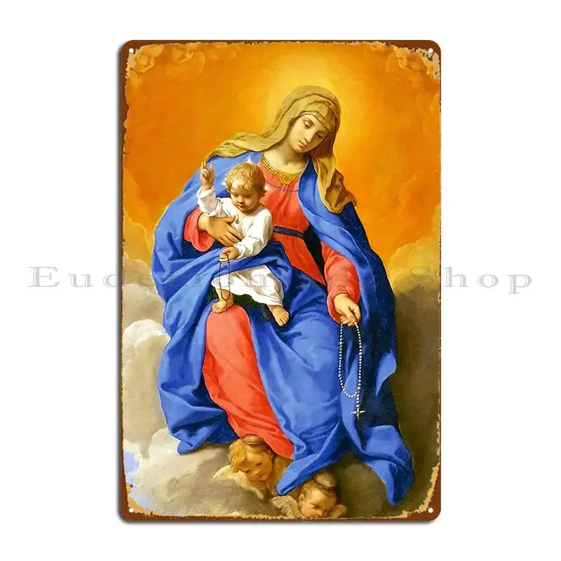 Placa Metálica Decorativa de Pared con la Virgen del Rosario y el Niño, Diseño de Simone Cantarini, Decoración para Bares y Pubs, Letrero de Metal